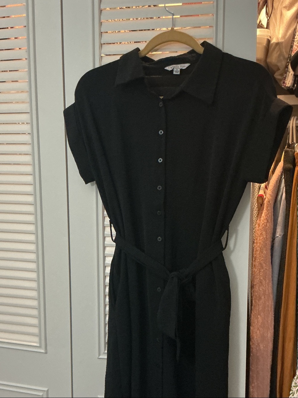 Classic Black Button-Front Shirt Dress with Tie Belt